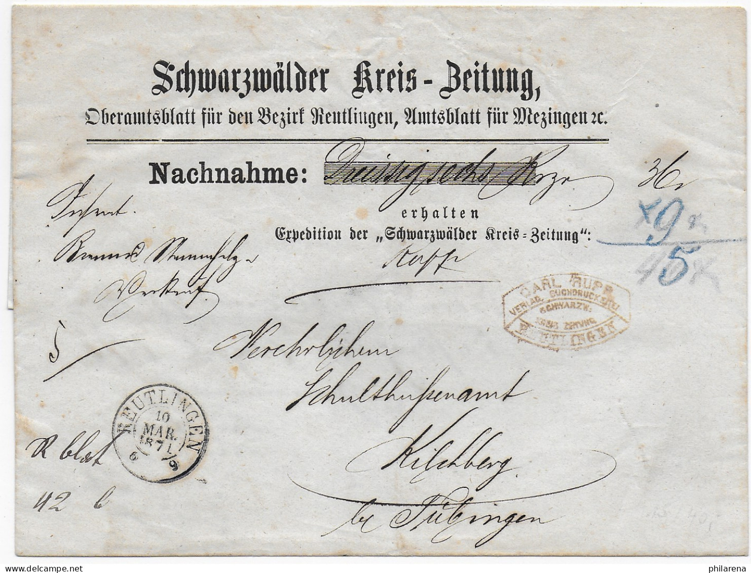 Nachnahme Schwarzwälder Kreiszeitung, Reutlingen Nach Kilchberg/Tübingen, 1871 - Briefe U. Dokumente