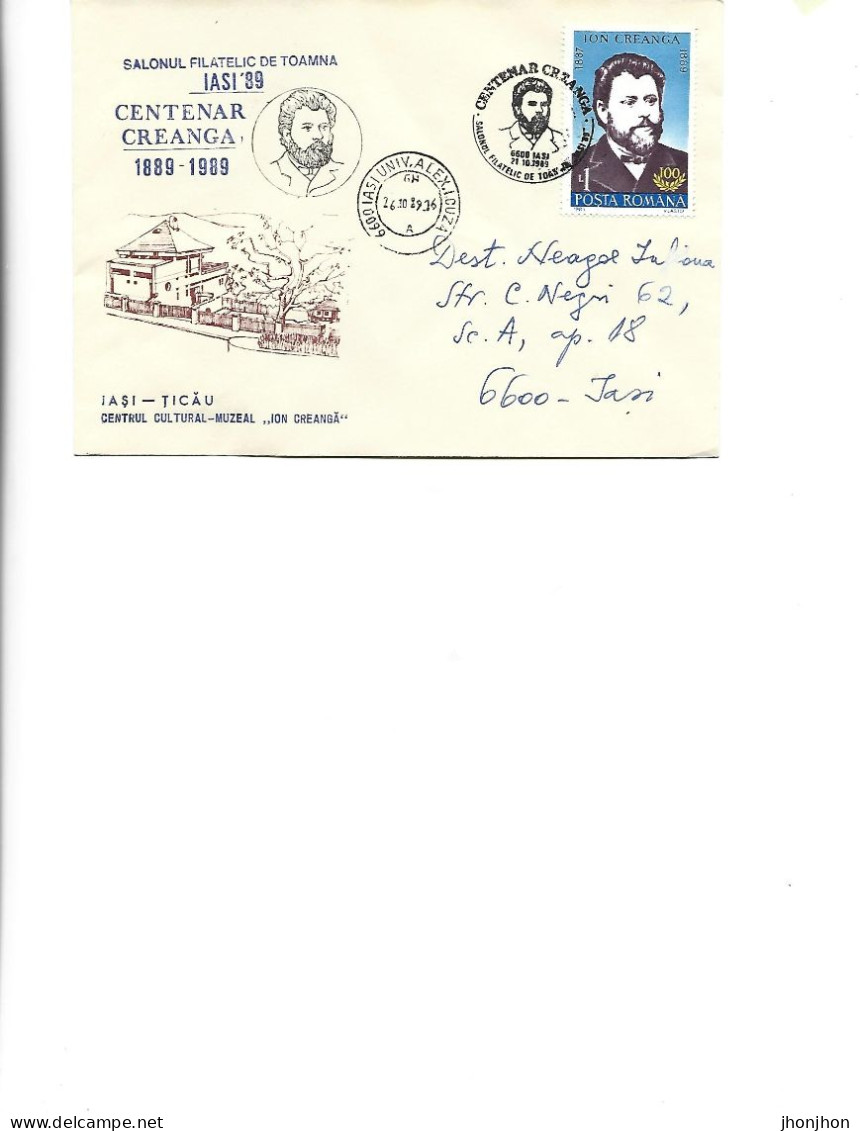 Romania - Occasional Env,1989 -  Creanga Centenary 1881989, Fall Philatelic Salon, Iasi '89 - Postmark Collection