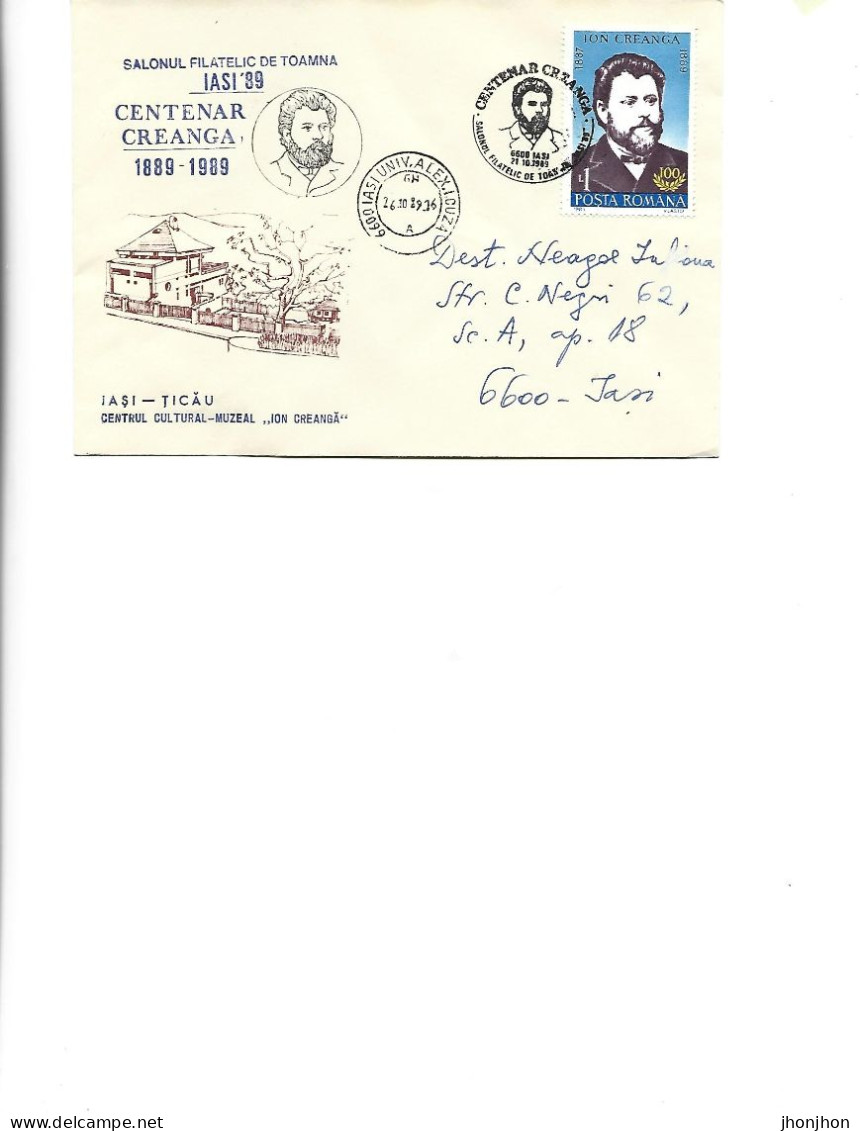 Romania - Occasional Env,1989 -  Creanga Centenary 1881989, Fall Philatelic Salon, Iasi '89 - Marcophilie