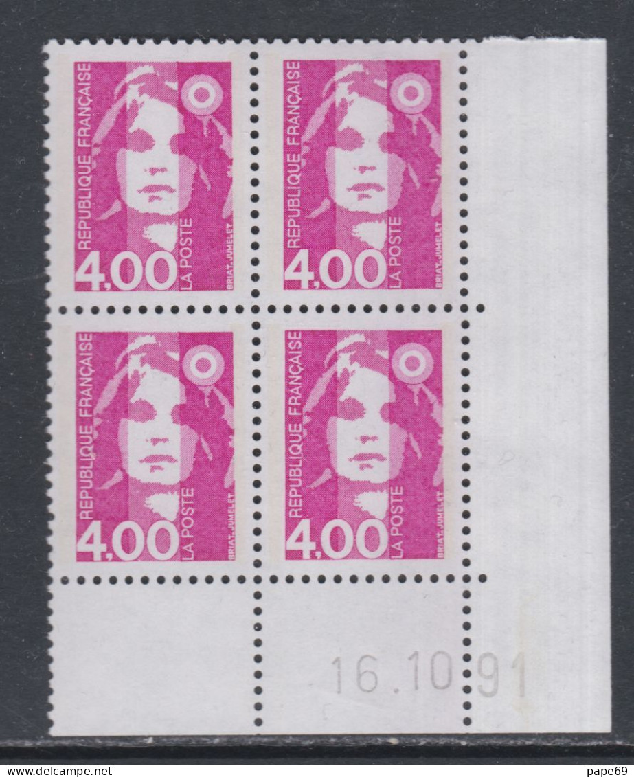 France N° 2717 XX Ma. De Briat 4 F. 00 Rose En Bloc De 4 Coin Daté Du 16 - 10 - 91 ;  Sans Charnière, TB - 1990-1999