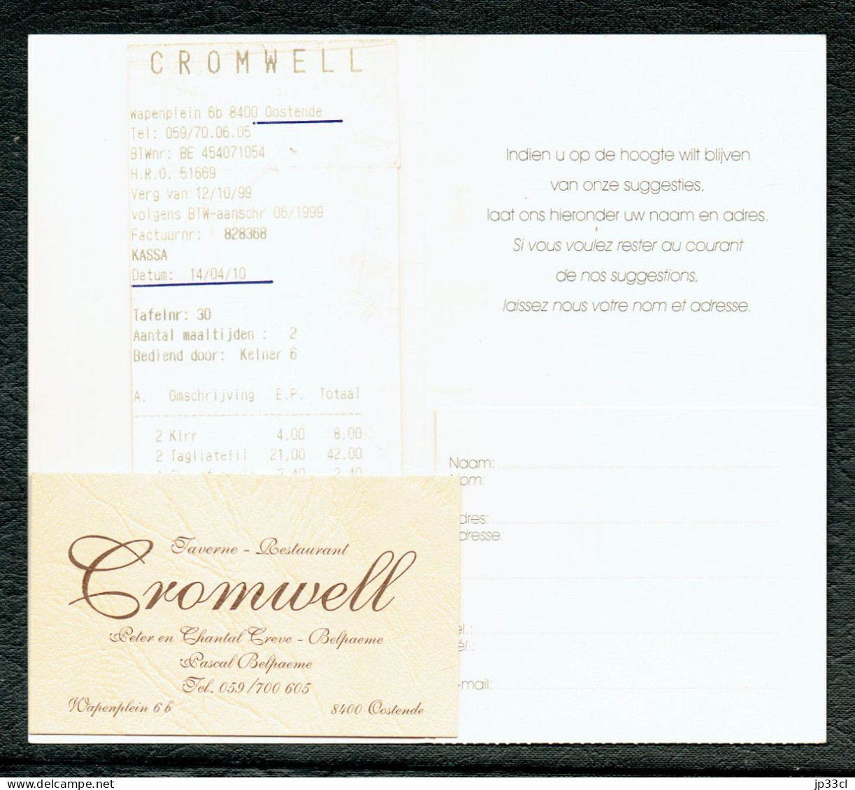 Souvenirs D'un Repas à La Taverne - Restaurant "Cromwell" (Oostende - Ostende) En 1999 - Dépliants Turistici