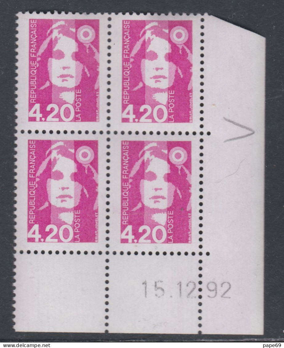 France N° 2770 XX Ma. De Briat 4 F. 20 Rose En Bloc De 4 Coin Daté Du 15 - 12 - 92 ;  Sans Charnière, TB - 1990-1999