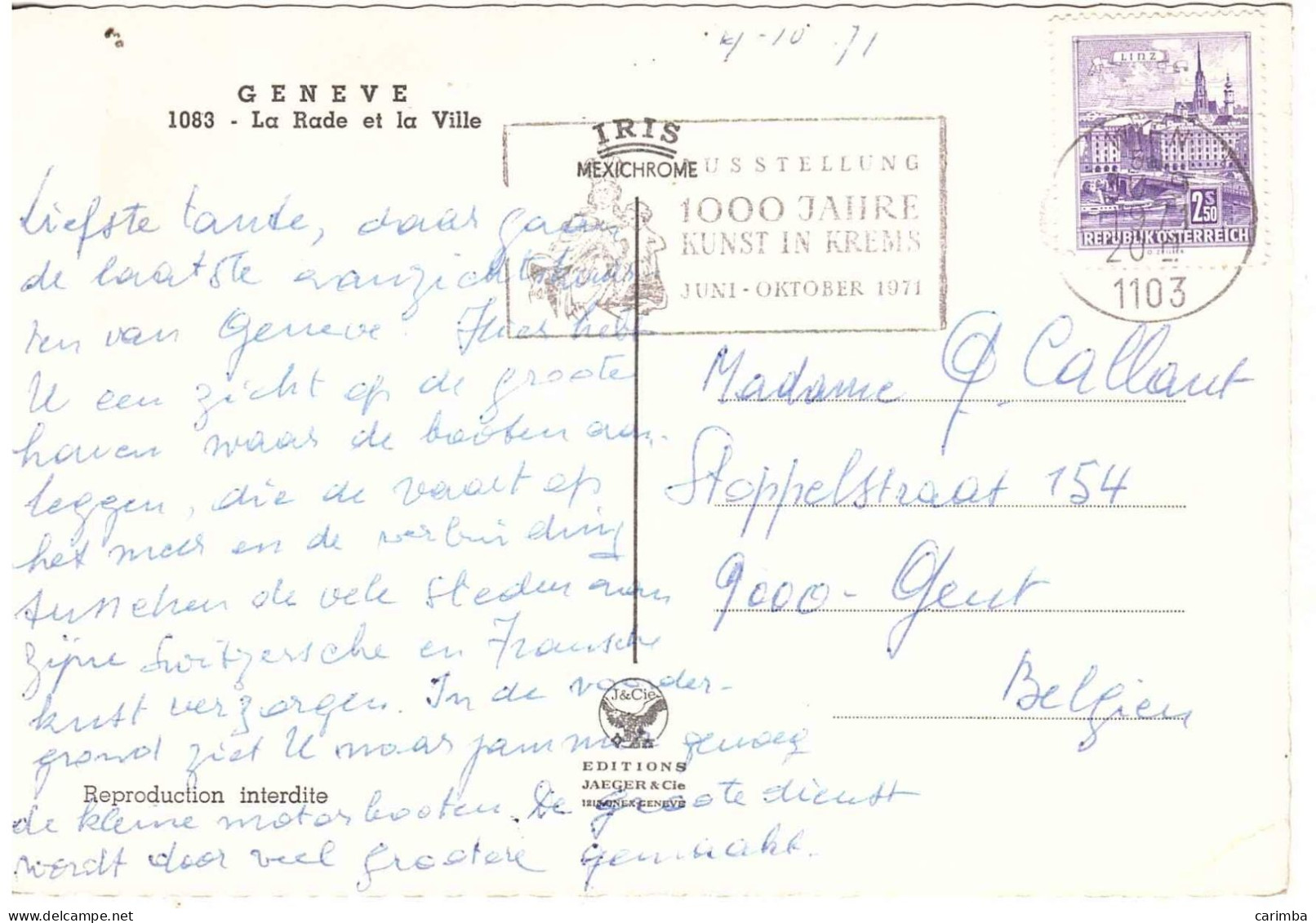 CARTOLINA GINEVRA PER BELGIO SPEDITA DA AUSTRIA CON ANNULLO TARGHETTA - Brieven En Documenten