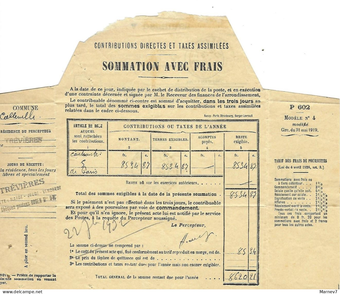 SOMMATION Avec FRAIS -imprimé Contributions Directes P 602  CALLEVILLE Sur Mer Cad 31 8 32 St Laurent Calvados TREVIERES - Décrets & Lois