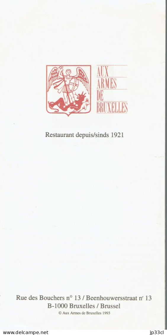 Souvenirs D'un Repas "Aux Armes De Bruxelles", Rue Des Bouchers (Juillet 1988) - Dépliants Turistici
