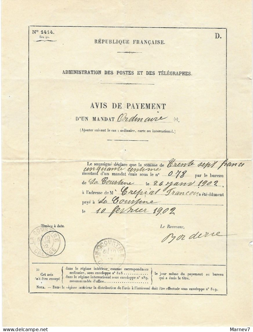 Avis De PAYEMENT D'un Mandat Ordinaire - Imprimé Administration Des Postes N° 1414 - Cad La COURTINE 10 FEVR 1902 - Décrets & Lois