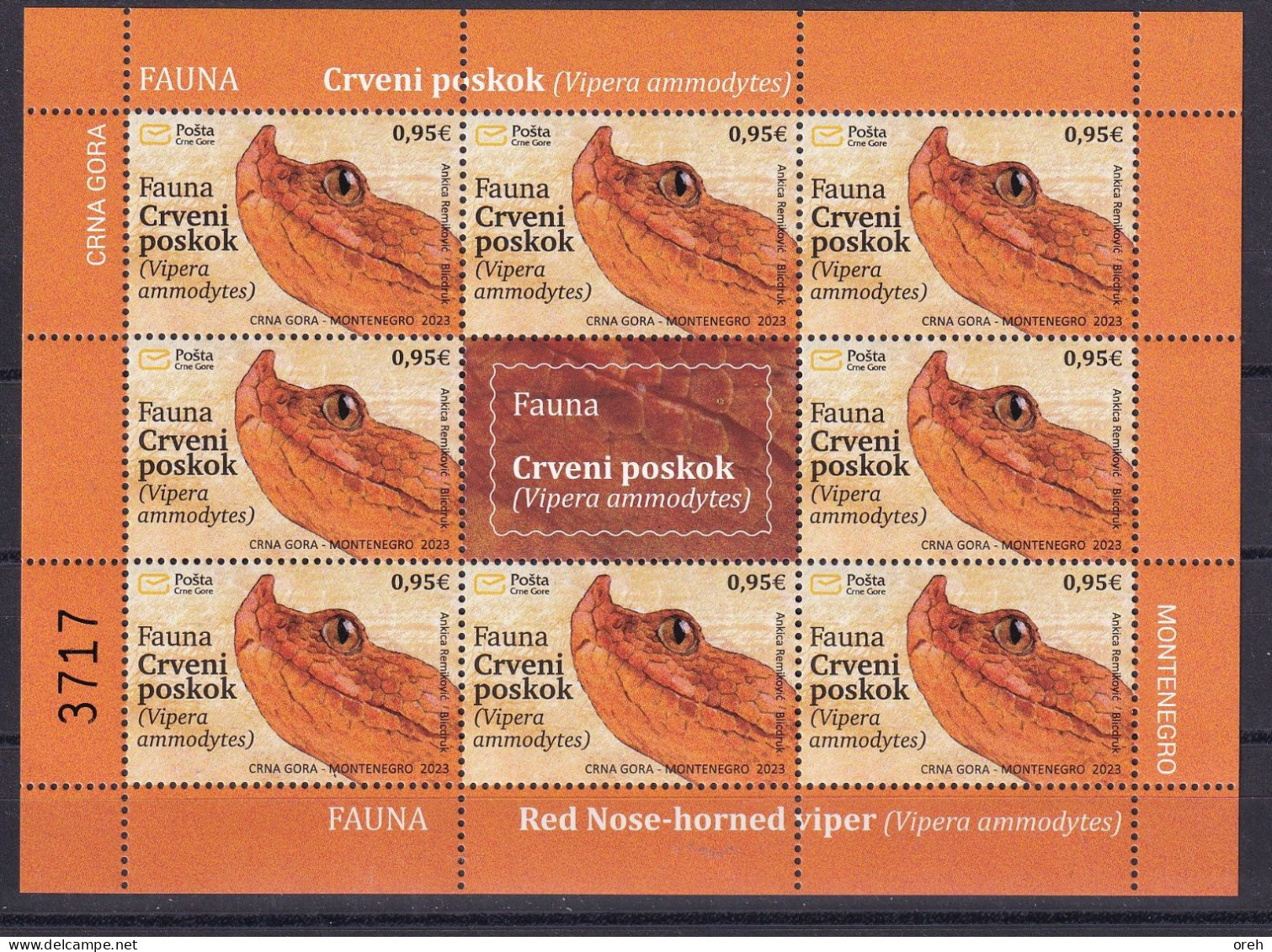 MONTENEGRO 2023,FAUNA,SNAKES,RED NOSE,HORNED VIPER,SHEET,WIGNETTE,MNH - Serpientes