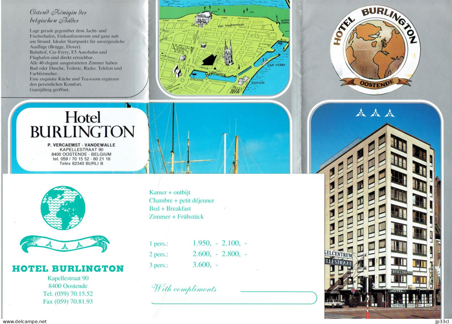 Souvenirs D'un Séjour à L'Hôtel Burlington (Ostende, Oostende) Septembre 1993 - Dépliants Turistici