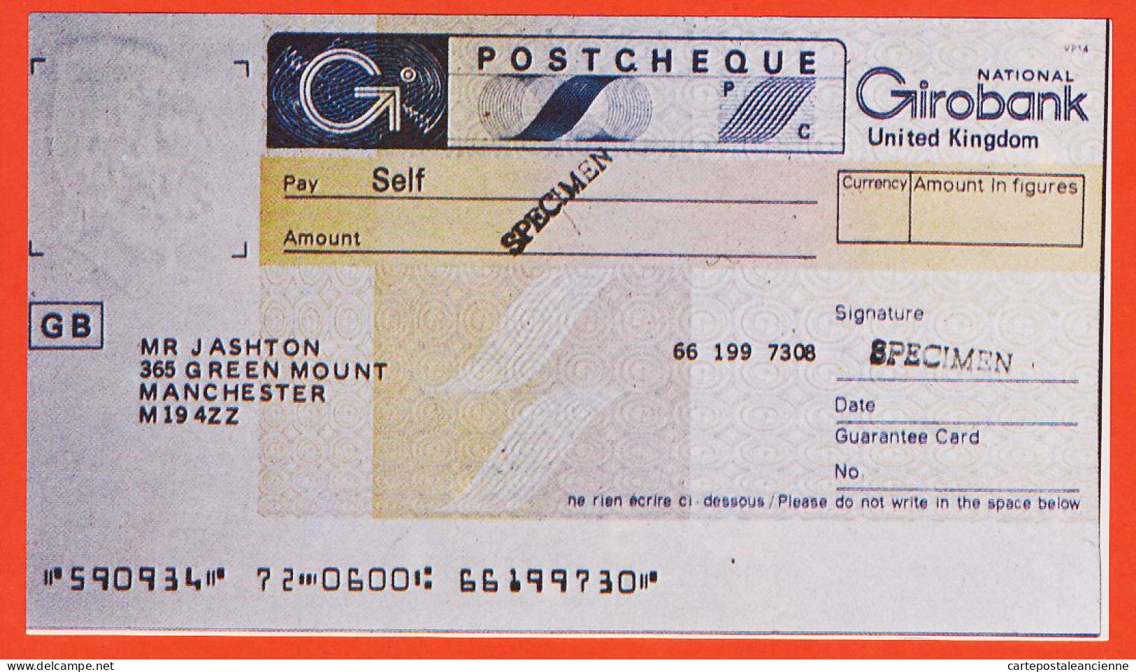 7211 / ⭐ ♥️ National United Kingdom Specimen Postcheque Photocopie Outil Dictatique PTT Doc Instruction LA POSTE - Chèques & Chèques De Voyage