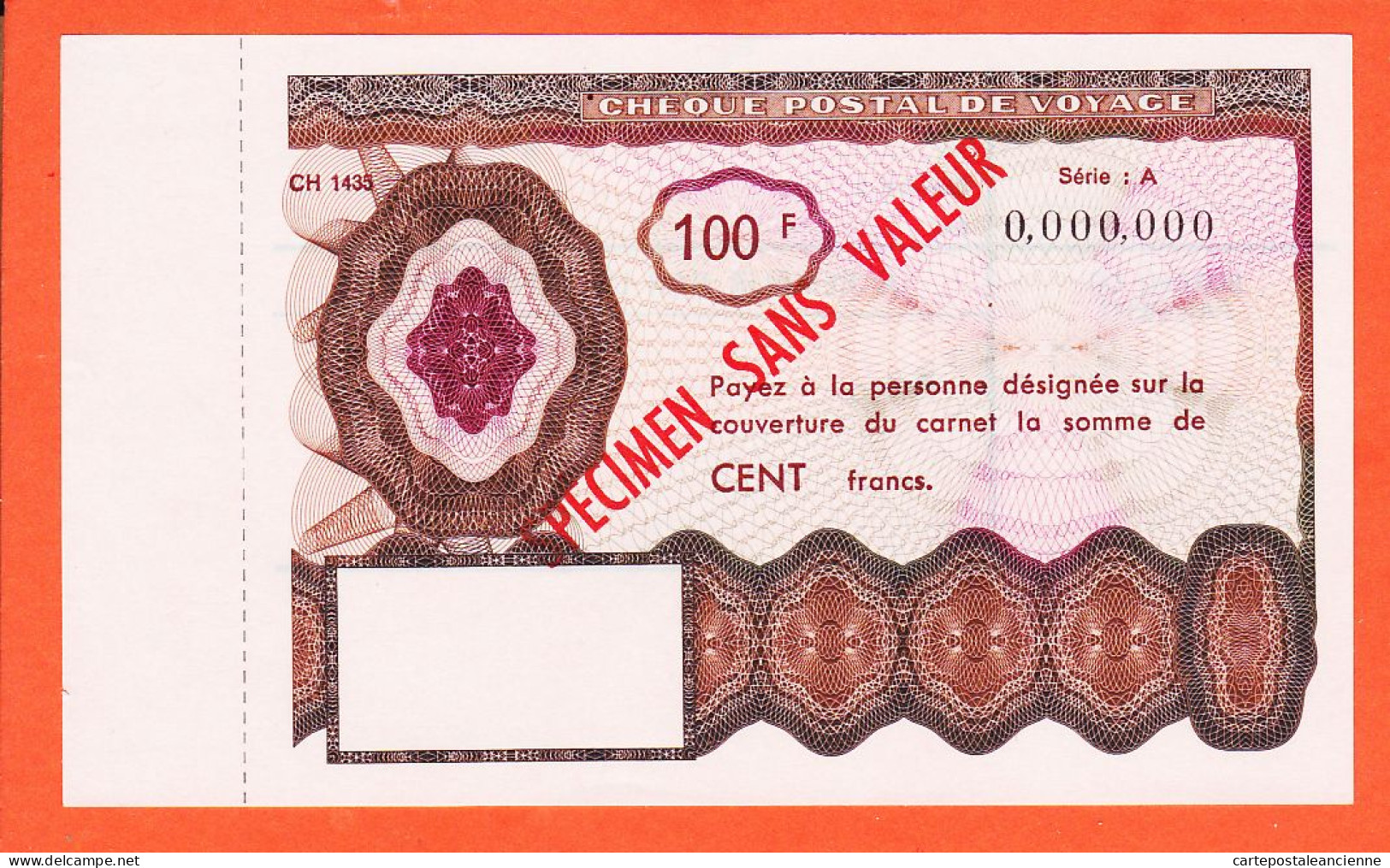 7214 / ⭐ ♥️ Cheque De Voyage 100 F SPECIMEN Sans VALEUR Outil Dictatique PTT Instruction Personnel POSTE - Fiktive & Specimen