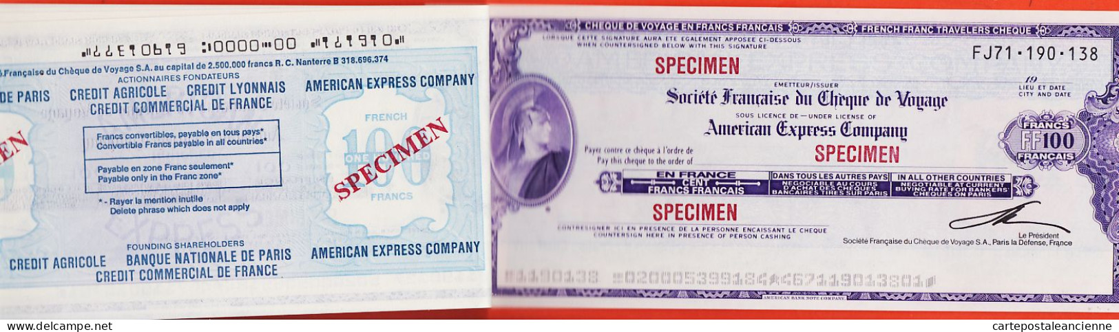 7247 / ⭐ ♥️  Rare Chèquier 4 Cheques Specimen Voyage Société Française 100F Travelers AMERICAN EXPRESS  - Fictifs & Spécimens