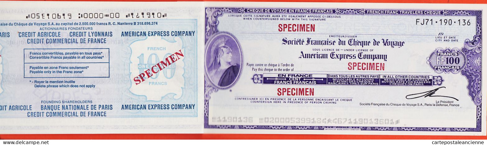 7247 / ⭐ ♥️  Rare Chèquier 4 Cheques Specimen Voyage Société Française 100F Travelers AMERICAN EXPRESS  - Fictifs & Spécimens