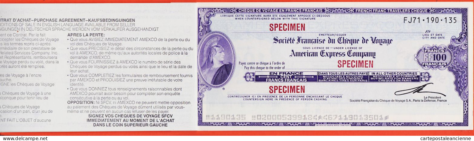7247 / ⭐ ♥️  Rare Chèquier 4 Cheques Specimen Voyage Société Française 100F Travelers AMERICAN EXPRESS  - Fiktive & Specimen