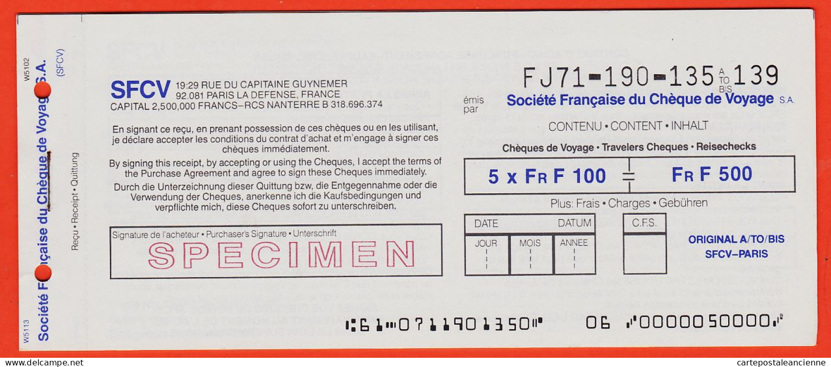 7247 / ⭐ ♥️  Rare Chèquier 4 cheques Specimen Voyage Société Française 100F Travelers AMERICAN EXPRESS 