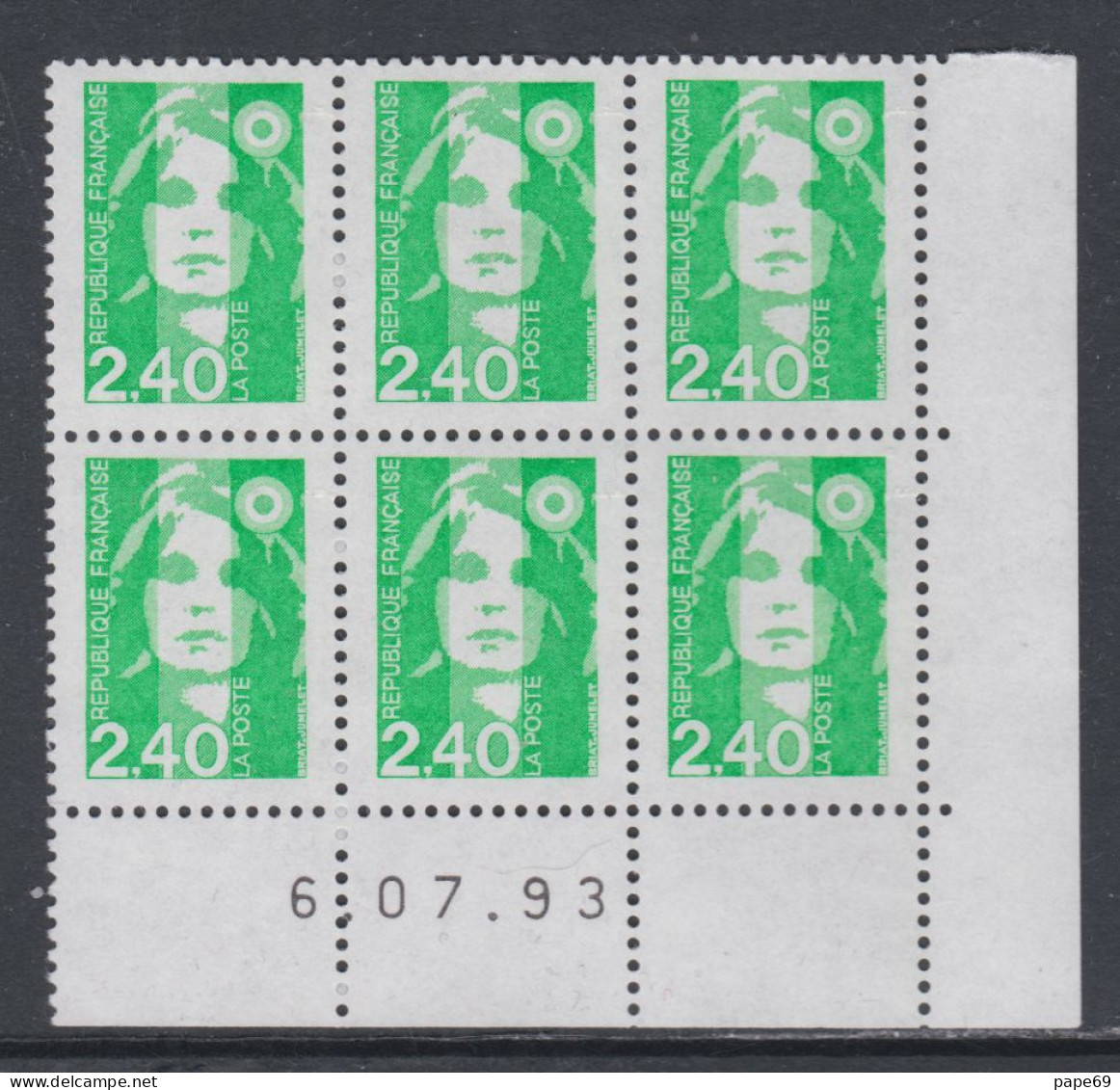 France N° 2820 XX Marianne De Briat 2 F. 40 Vert En Bloc De 6 Coin Daté Du 6 - 07 - 93 ;  Sans Charnière TB - 1990-1999