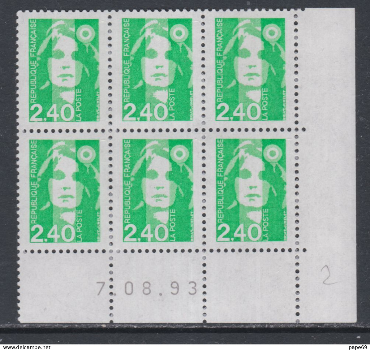 France N° 2820 XX Marianne De Briat 2 F. 40 Vert En Bloc De 6 Coin Daté Du 7 - 08 - 93 ;  Sans Charnière TB - 1990-1999
