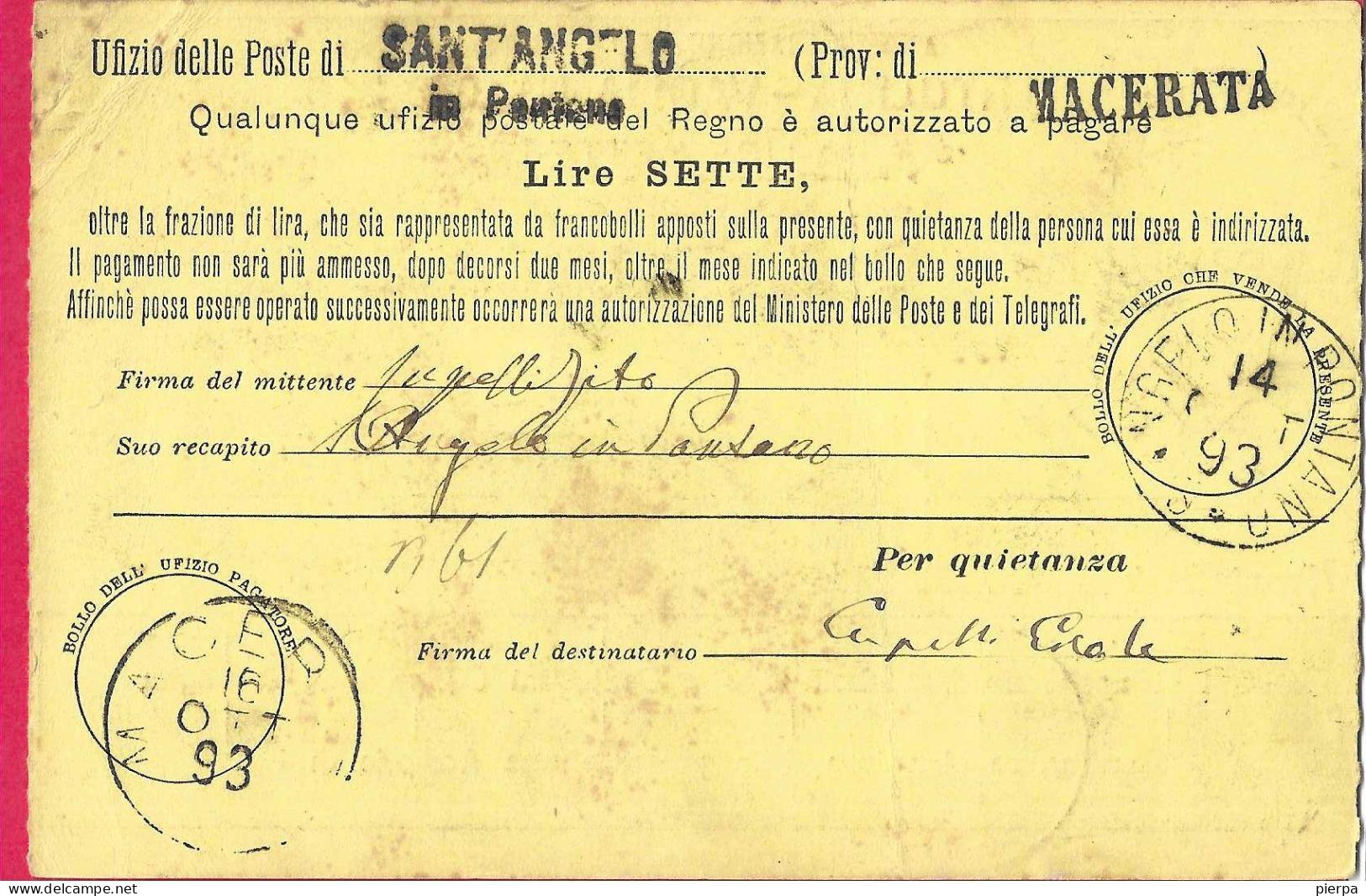 INTERO CARTOLINA-VAGLIA UMBERTO C.15 DA LIRE 7 (+ C25 CENT)(CAT. INT. 11) -VIAGGIATA DA S.ANGELO IN PONTANO PER MACERATA - Entiers Postaux