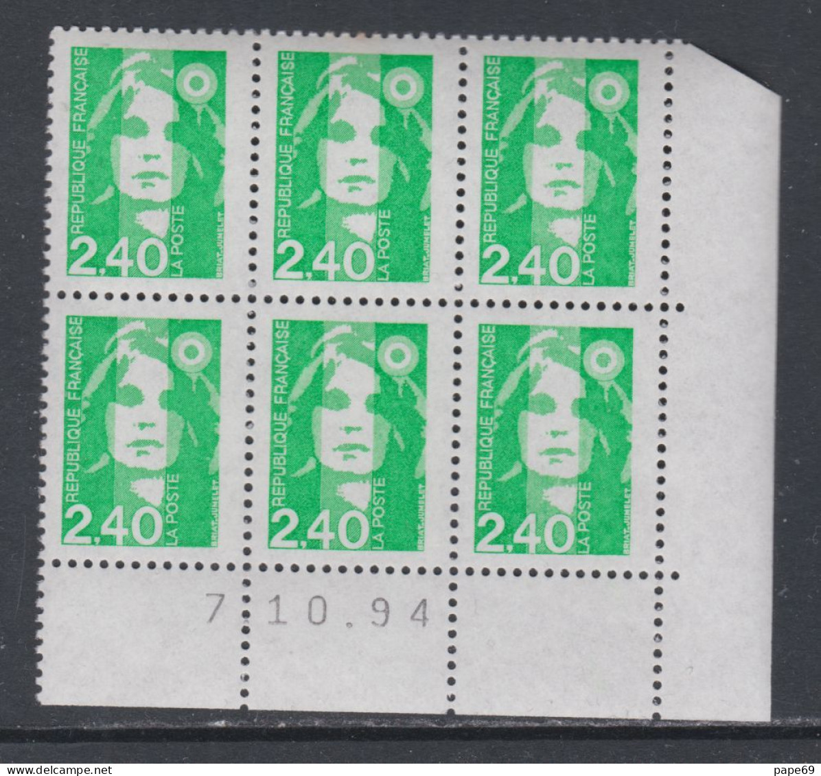 France N° 2820 XX Maria. De Briat 2 F. 40 Vert En Bloc De 6 Coin Daté Du 7 - 10 - 94 ; Gomme Légèrement Altérée Sinon TB - 1990-1999