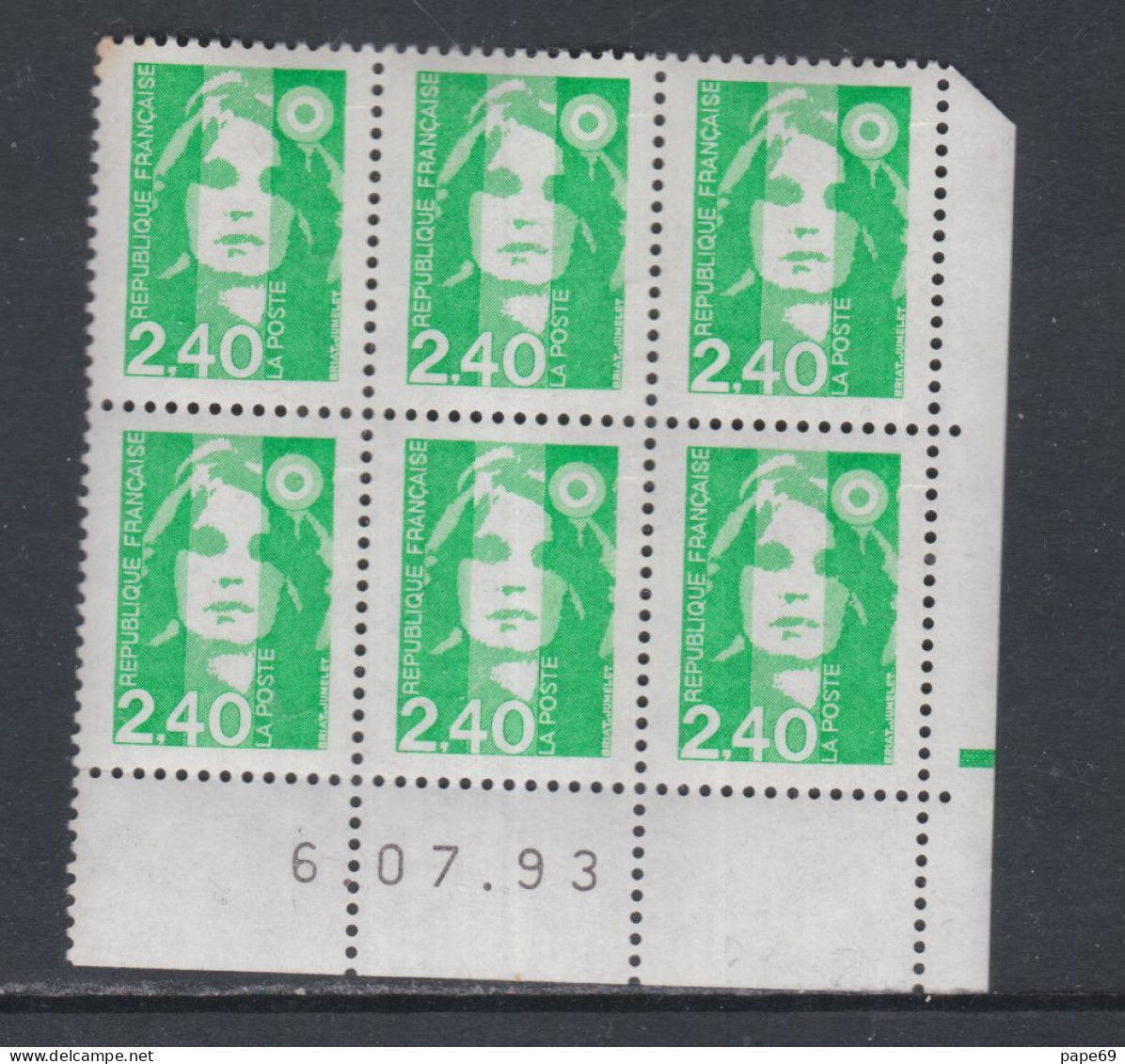 France N° 2820 XX   Briat 2 F. 40 Vert En Bloc De 6 Coin Daté Du 6 - 7 - 93 ; 1 Barre Gomme Légèrement Altérée Sinon TB - 1990-1999