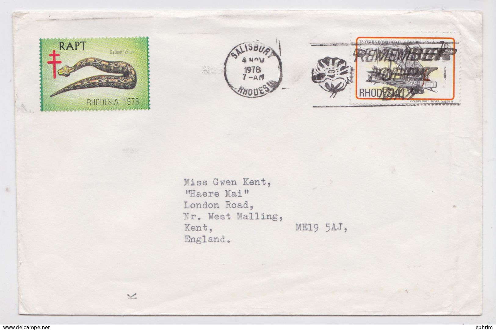 Rhodésie Rhodesia Lettre Timbre Vignette Rapt 1978 Serpent Vipère Snake Viper Cinderella Poppy Day Air Mail Cover - Rhodésie (1964-1980)