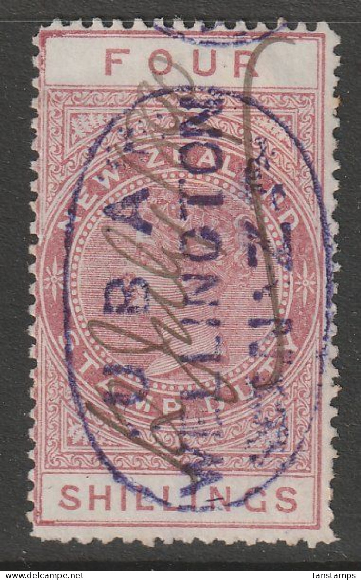 NZ 1882 LONGTYPE 4s QV REVENUE SOTN UBA WELLINGTON NZ OVAL CANCEL - Fiscaux-postaux