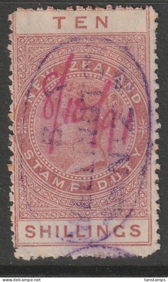 NZ 1882 LONGTYPE 10s QV REVENUE SOTN UBA WELLINGTON NZ OVAL CANCEL - Postal Fiscal Stamps