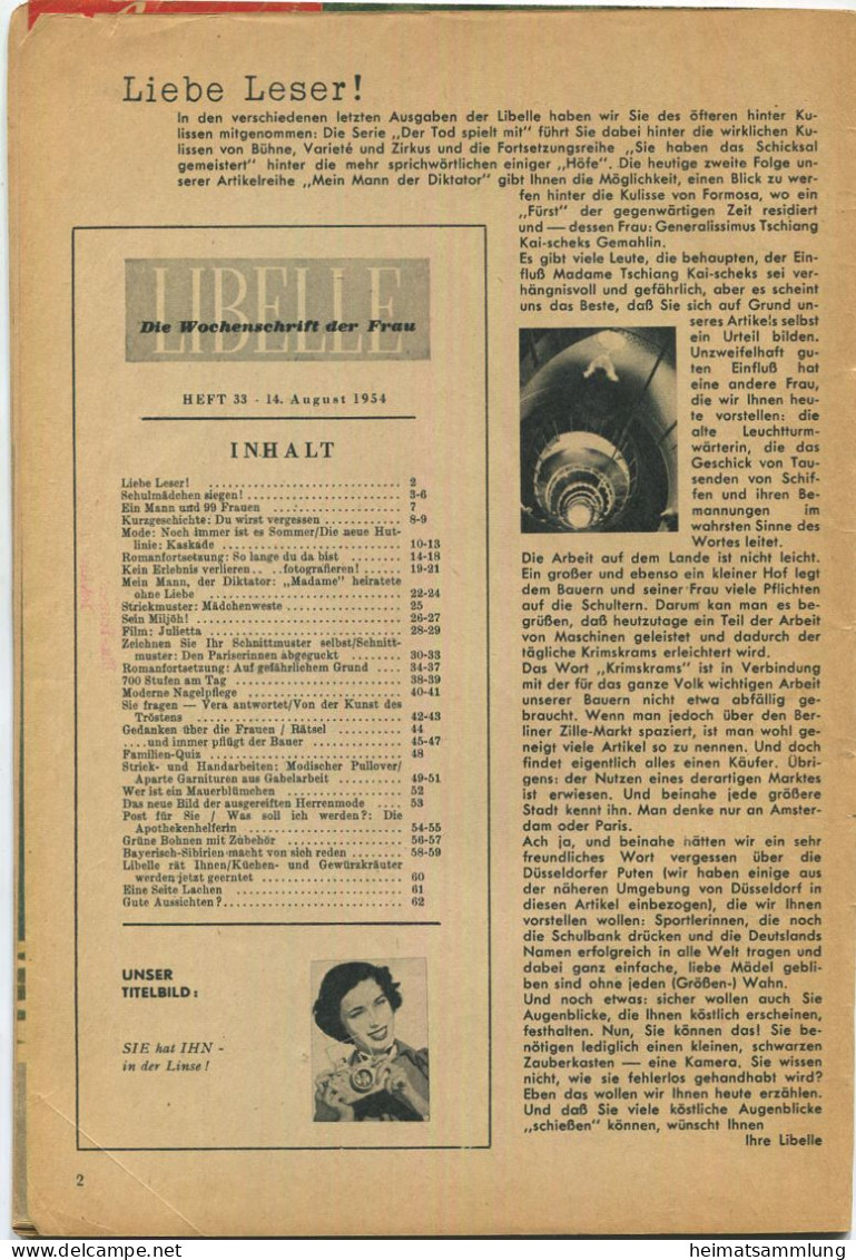 Deutschland - Libelle - Wochenschrift - 5. Jahrgang August 1954 - 64 Seiten - Mode - Strickmuster Etc. - Unterhaltungsliteratur