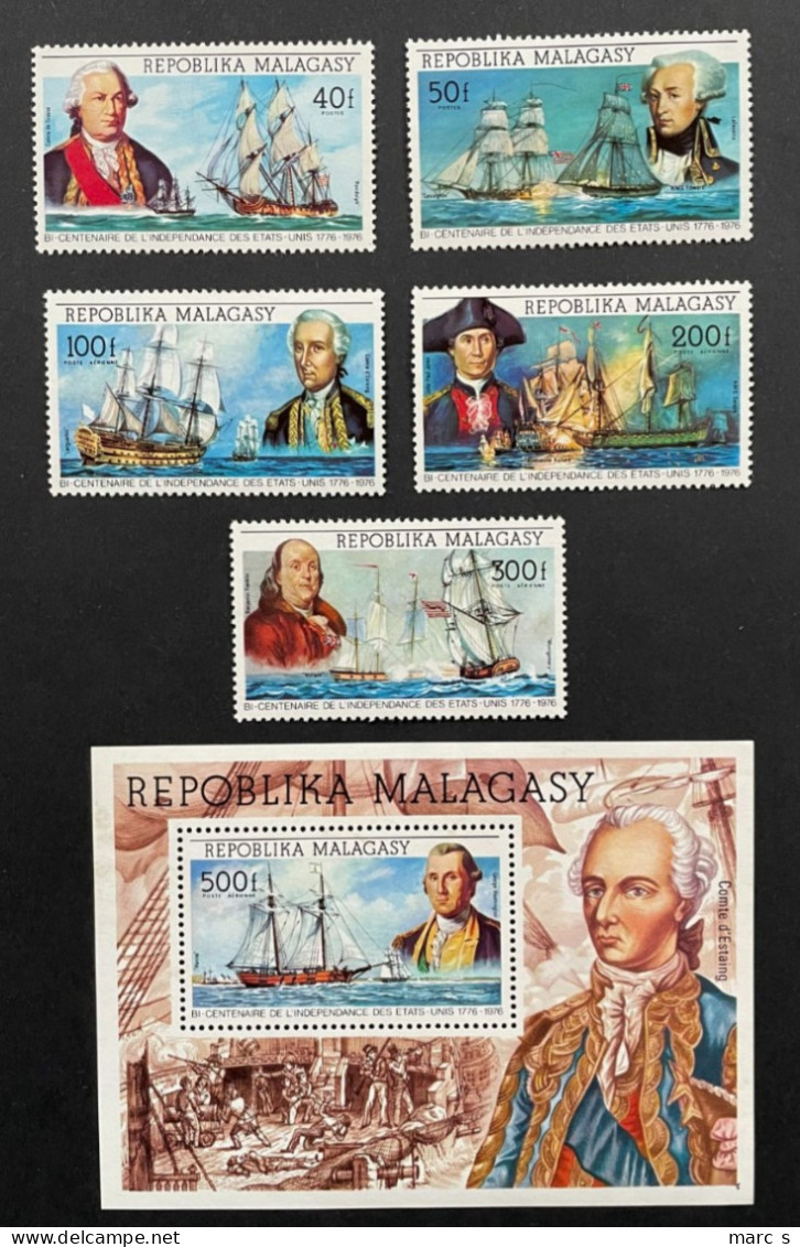 MADAGASCAR 1975 - NEUF**/MNH - Série Complète Mi 742/746 + BLOC 7 - YT 560/561 + PA 149/151 + BF 7 - BICENTENAIRE USA - Madagascar (1960-...)