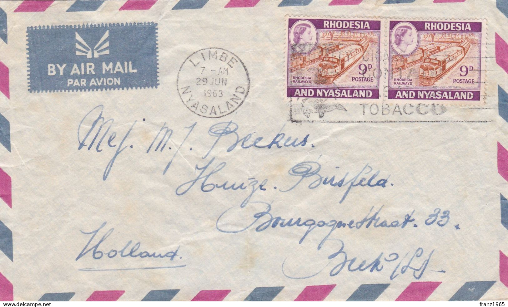 From Rhodesia & Nyasaland To Netherlands - 1963 - Rodesia & Nyasaland (1954-1963)