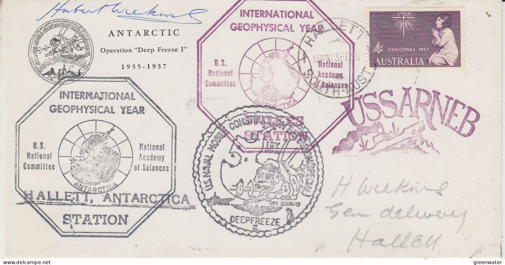 AAT  Hallett Station Inter. Geophysical Year Signature Hubert Wilkins Ca Hallett 3 FEB 1958 (FG156) - Año Geofísico Internacional