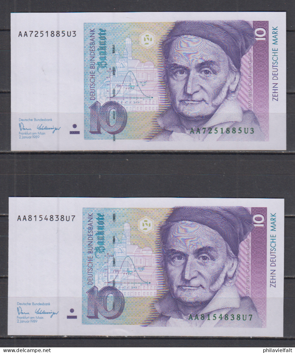 Deutsche Bundesbank 2 Banknoten 1991 Gauß 10 DM Bankfrisch , - 10 DM