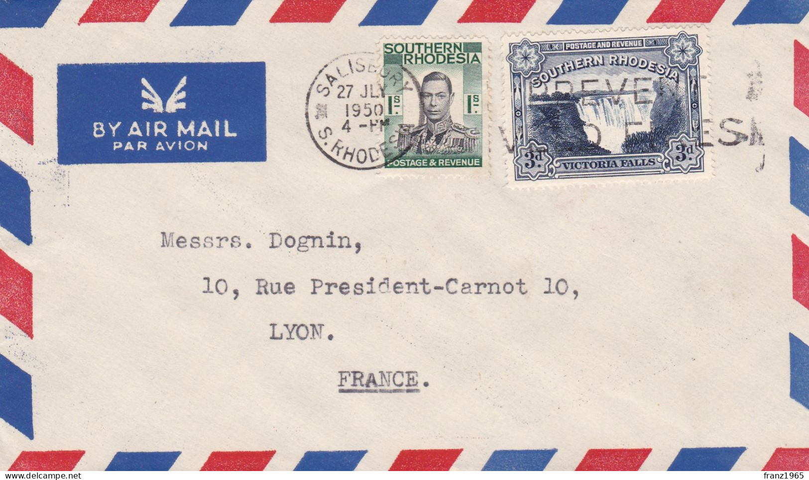 From Southern Rhodesia To France - 1950 - Southern Rhodesia (...-1964)