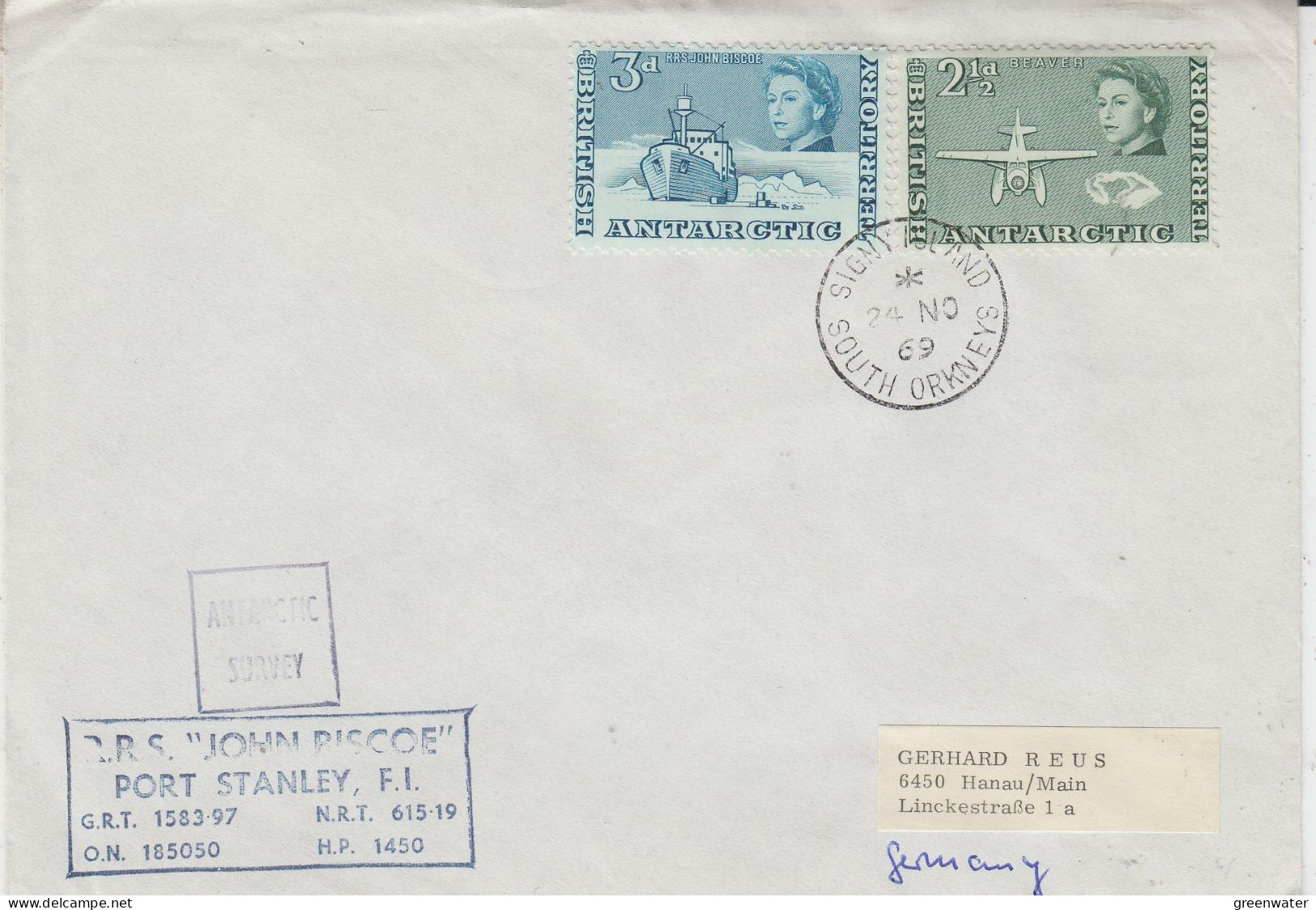 British Antarctic Territory (BAT)  RRS John Biscoe Signy Island Ca Signy Island 24 NO 1969  (FG158) - Briefe U. Dokumente