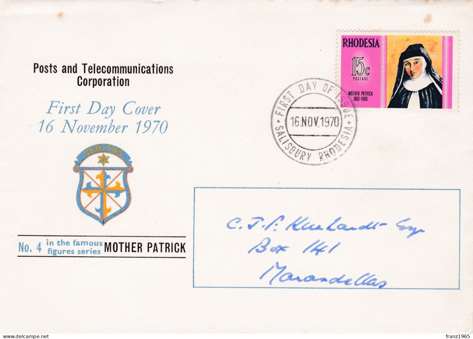 Mother Patrick -  1970 (FDC) - Rhodesia (1964-1980)