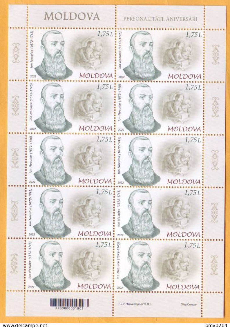 2022  Moldova Moldavie Sheet  Personalities. Anniversaries. Ion Neculce Writer, Art  Mint - Moldova