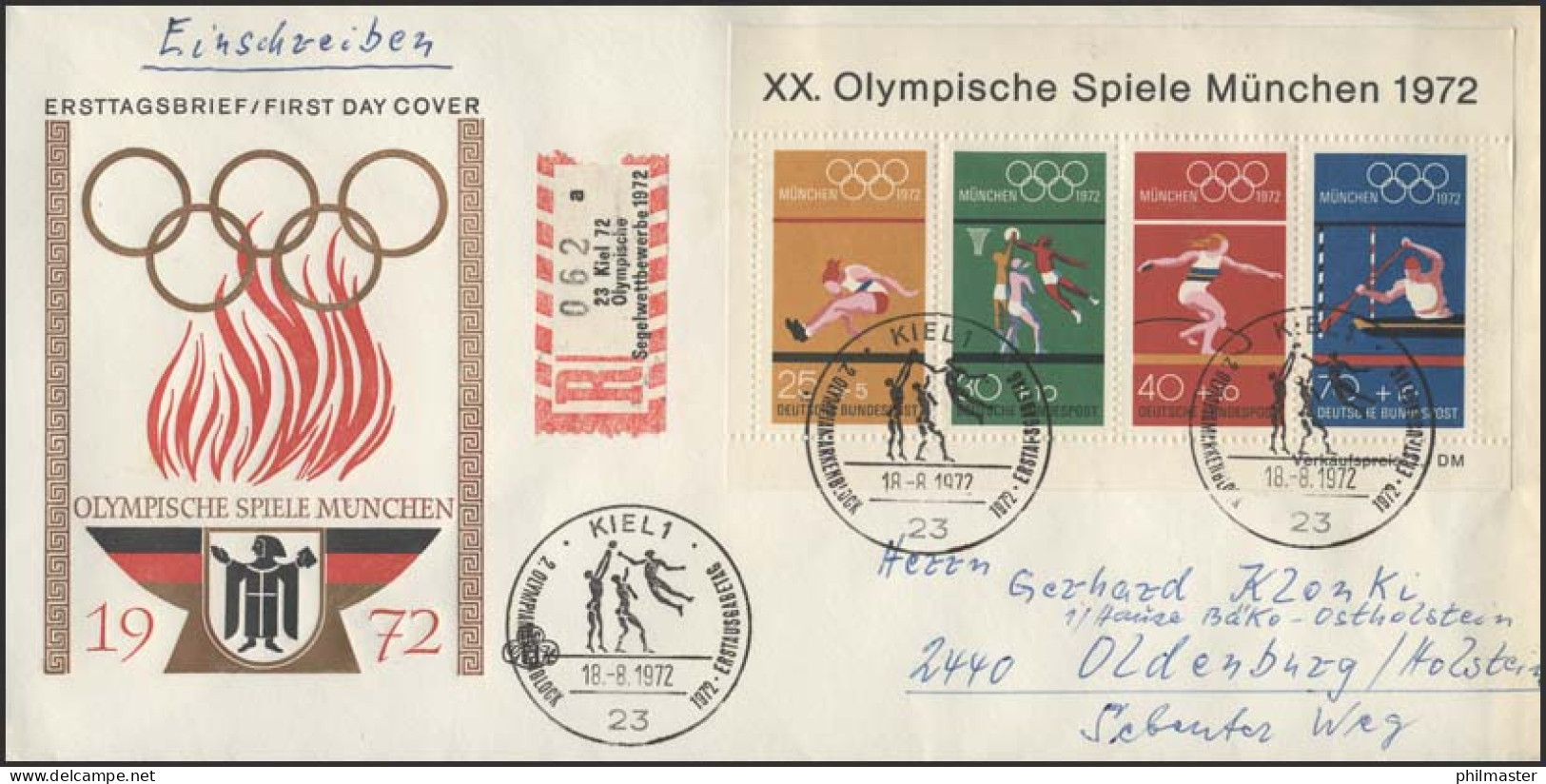 Sonder-R-Zettel Kiel Segelwettbewerbe 1972 Auf Schmuck-FDC Kiel 18.8.1972 - Etiquettes 'Recommandé' & 'Valeur Déclarée'