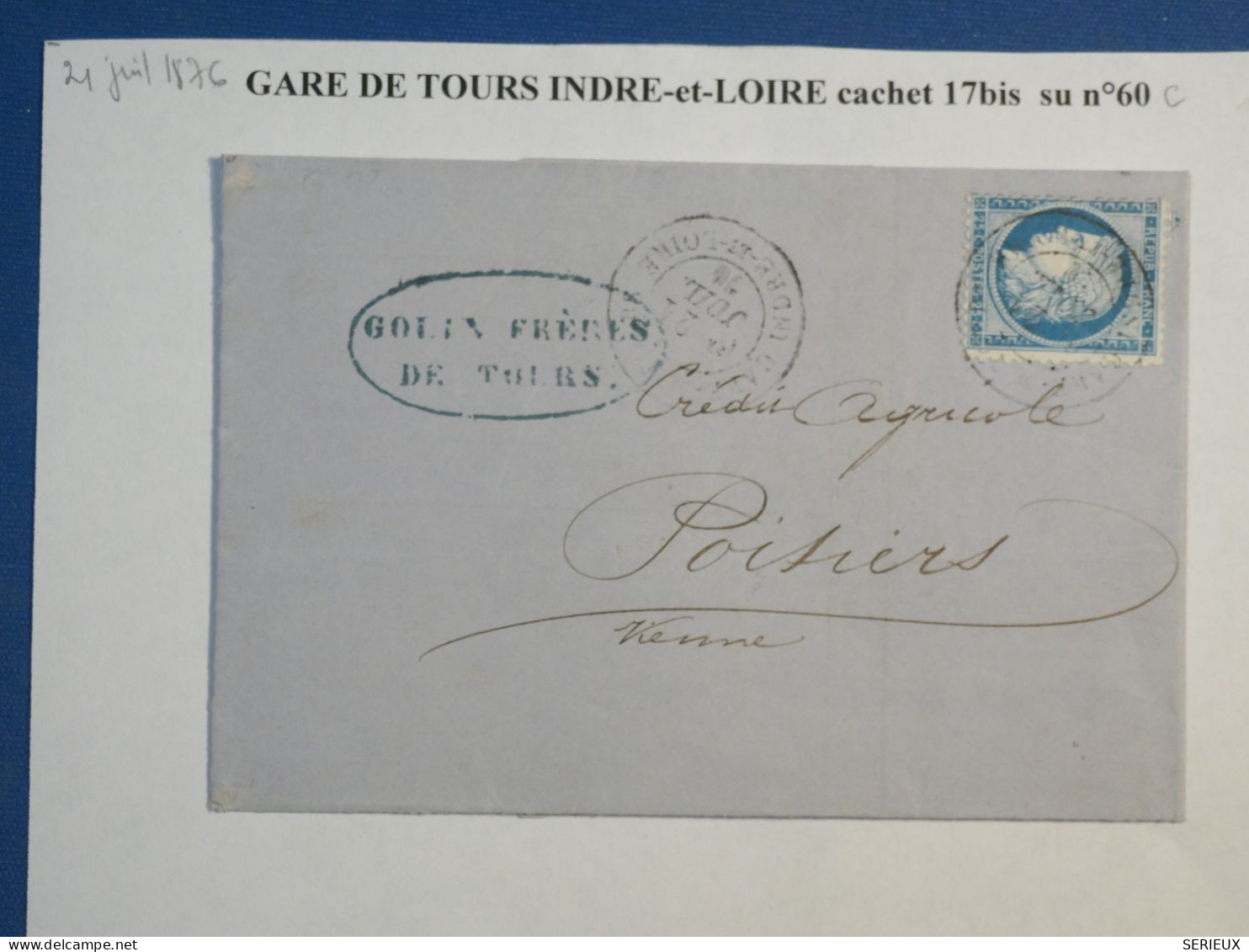 DL 6  FRANCE  BELLE LETTRE 1876 TOUR  A POITIERS   + CERES N°60  + BEL AFF. INTERESSANT+ - 1849-1876: Période Classique