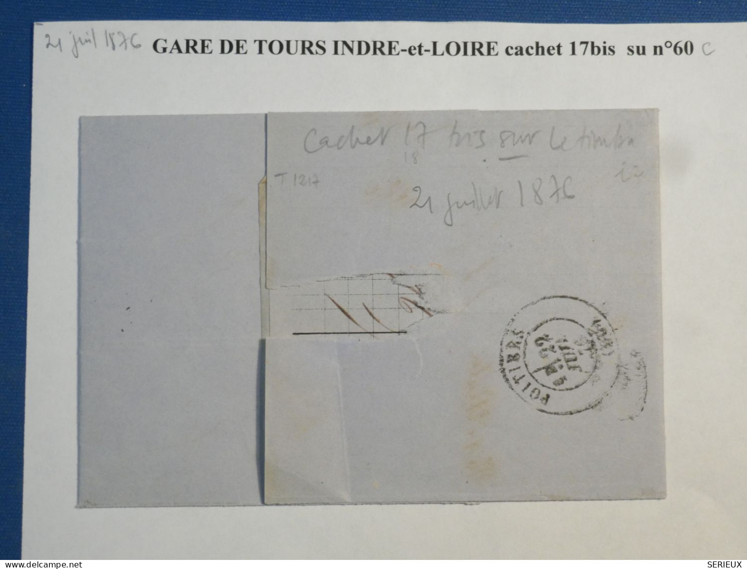 DL 6  FRANCE  BELLE LETTRE 1876 TOUR  A POITIERS   + CERES N°60  + BEL AFF. INTERESSANT+ - 1849-1876: Klassik