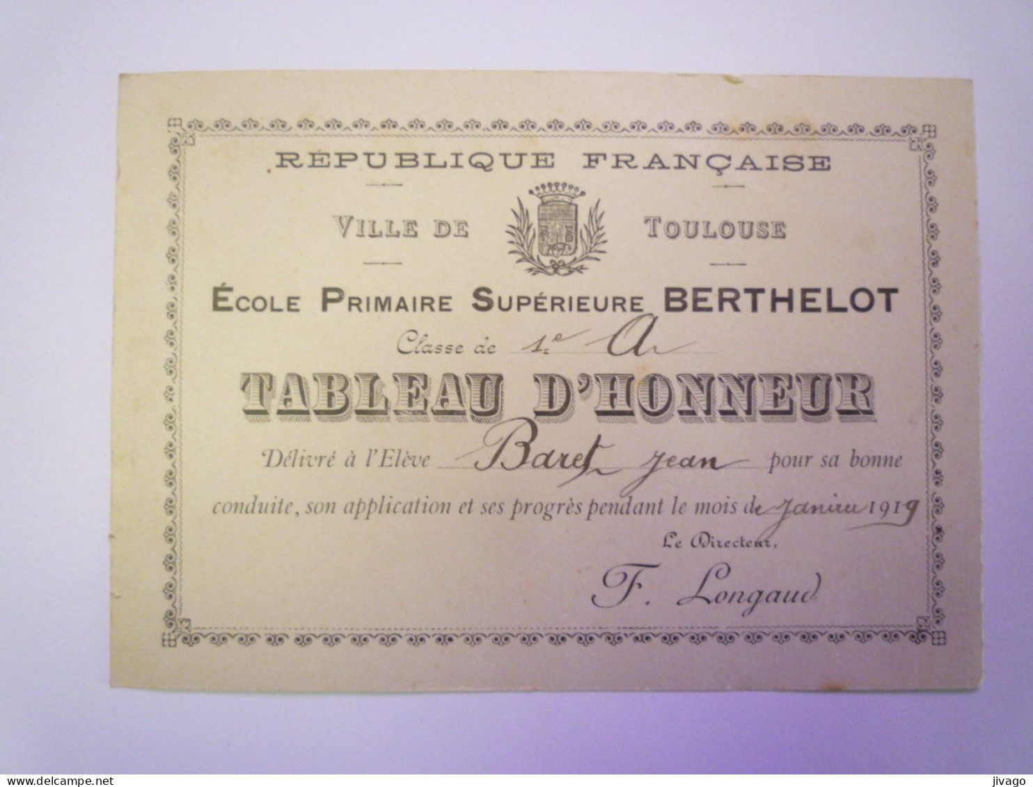 2024 - 976  ECOLE PRIMAIRE SUPERIEURE  "BERTHELOT"  TOULOUSE  -  TABLEAU D'HONNEUR  Jean BARET  1919  XXX - Diplomi E Pagelle