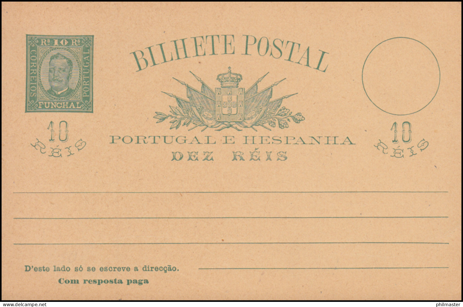 Portugal Madeira Postkarte König Carlos I. Doppelkarte 10/10 R Grün, Ungebraucht - Madère