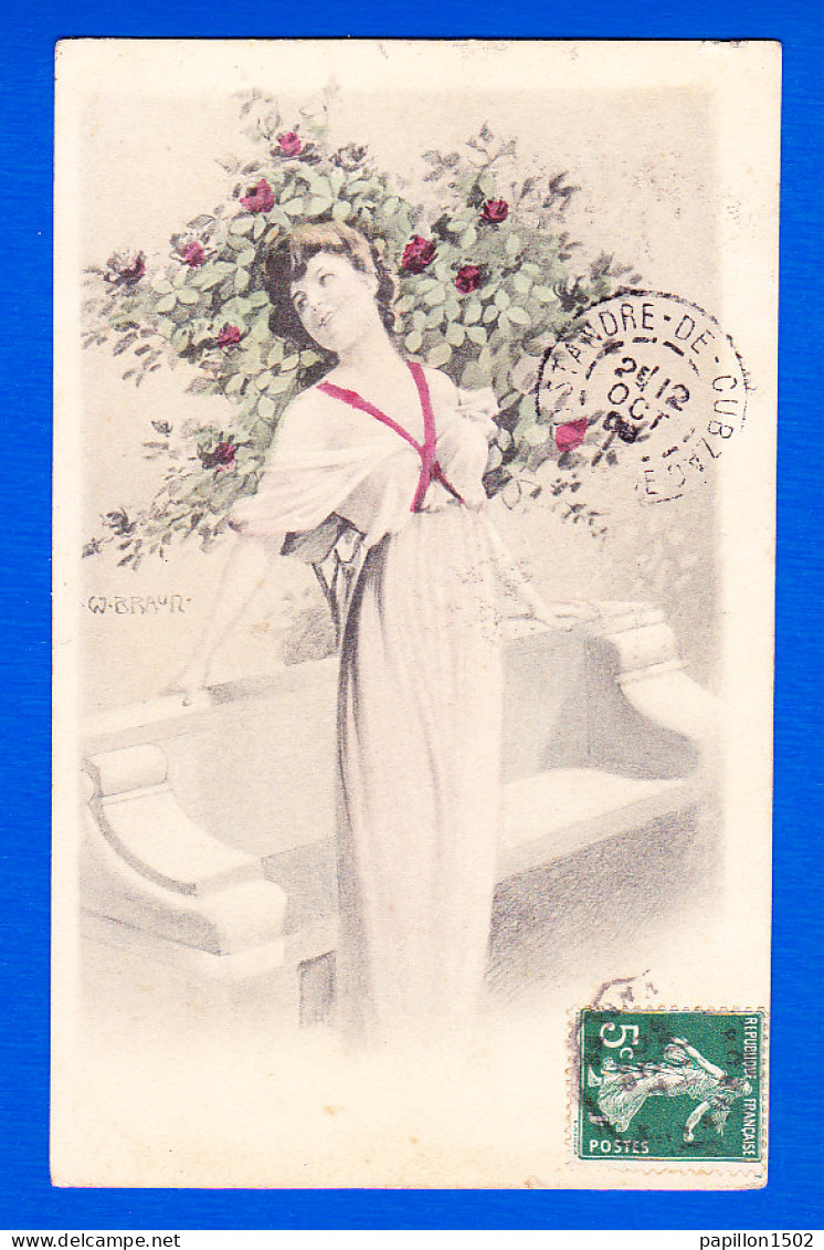 Illust-867P104  W. BRAUN, Une Jeune Femme Près D'un Banc, Un Rosier, Cpa BE - Braun, W.