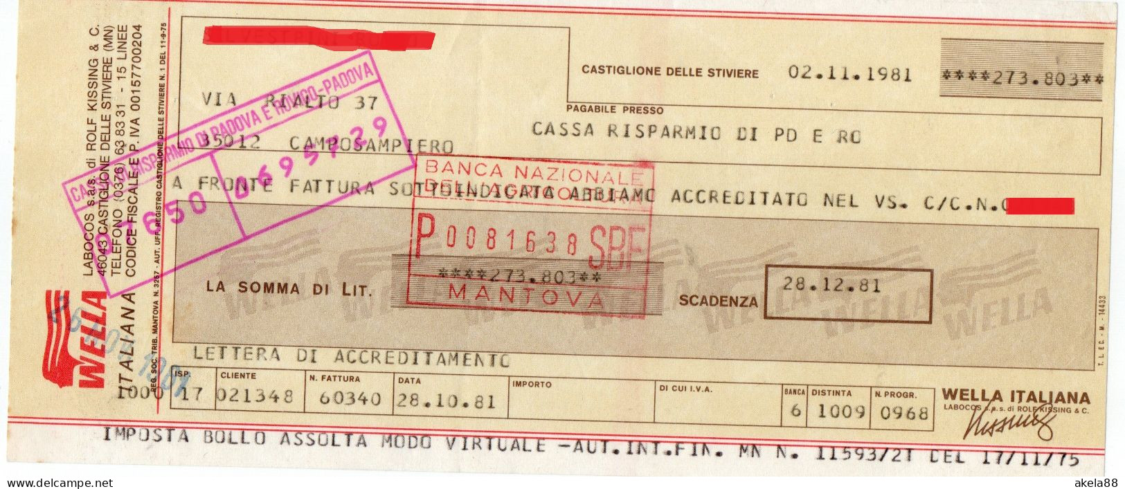 ITALIA 1981 - WELLA ITALIANA - LABOCOS CASTIGLIONE DELLE STIVIERE - CASSA DI RISPARMIO DI PADOVA E ROVIGO - Bills Of Exchange