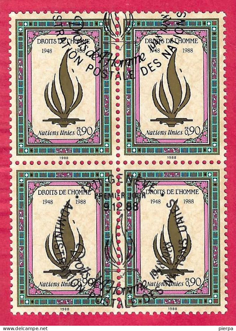 O.N.U. GENEVE - 1988 - DICHIARAZIONE DIRITTO UOMO - QUARTINA  USATA ANNULLO F.D.C(YVERT 171 - MICHEL171) - Used Stamps