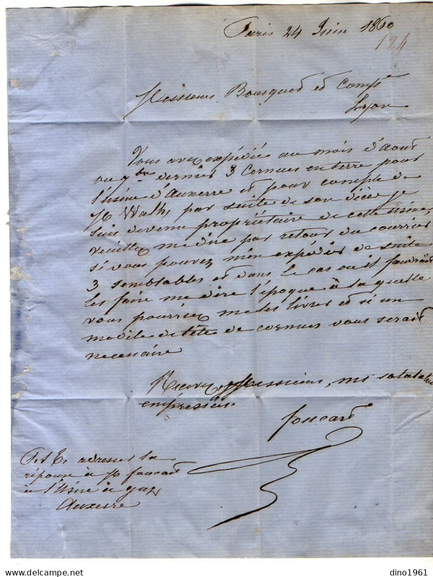 VP23.038 - 1860 - Lettre - Eclairage, Gaz - Sté FOUCART à PARIS, SAINT - MANDE, AUXERRE Pour M. BOUSQUET à LYON - Elektriciteit En Gas