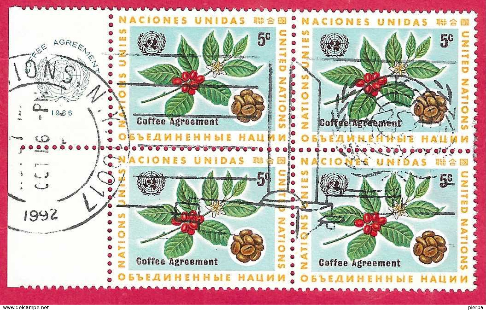 O.N.U. N.Y. - 1966 - CAFFE' - CENT. 5 - QUARTINA  USATA BORDO FOGLIO (YVERT 153 - MICHEL 168) - Gebruikt