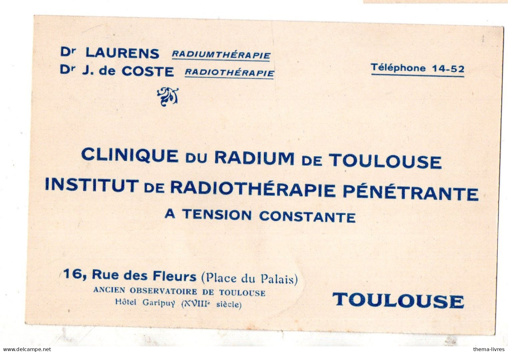 Toulouse (31)  Carte Commerciale CLINIQUE DE RADIUM  (PPP46633) - Pubblicitari