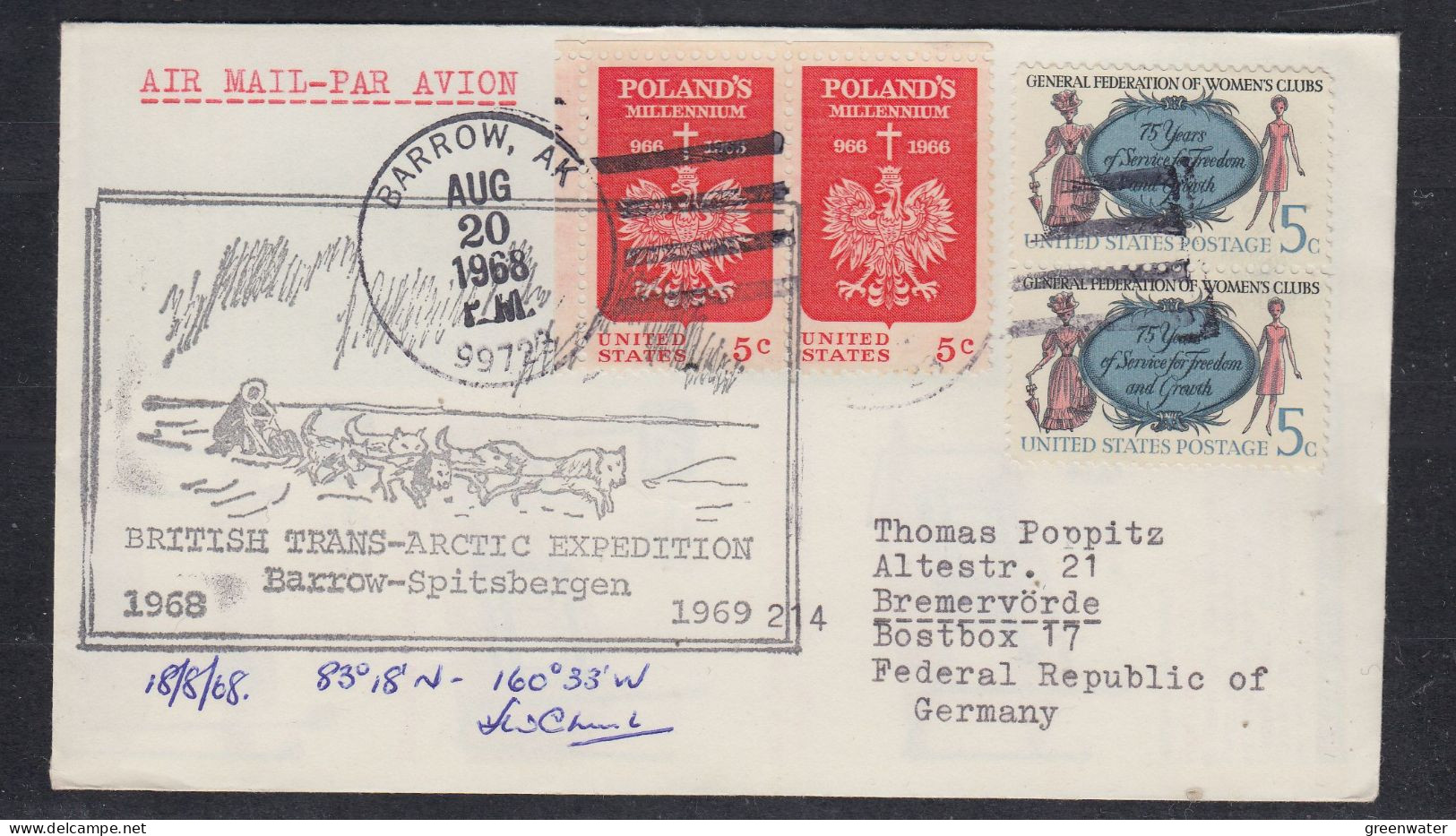 Alaska Point Barrow British Trans-Arctic Exp. Barrow-Spitsbergen Signature  Fred Church Ca Barrow AUG 20 1968 (FG163) - Expéditions Arctiques