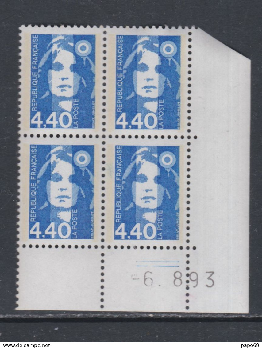 France N° 2822 XX  Briat 4 F. 40 Bleu En Bloc De 4 Coin Daté Du 6 - 8 - 93 ; 2 Traits Gomme Légèrement Altérée Sinon TB - 1990-1999