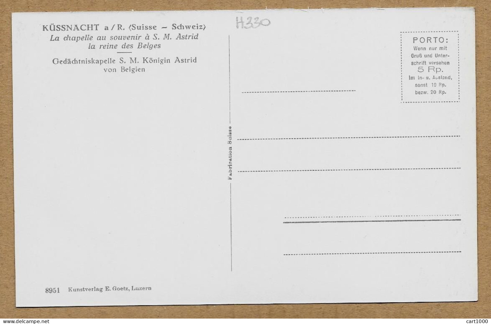 1937 KUSSNACHT CHAPELLE AU SOUVENIR A S. M. ASTRID REINE DES BELGES N°H330 - Küssnacht