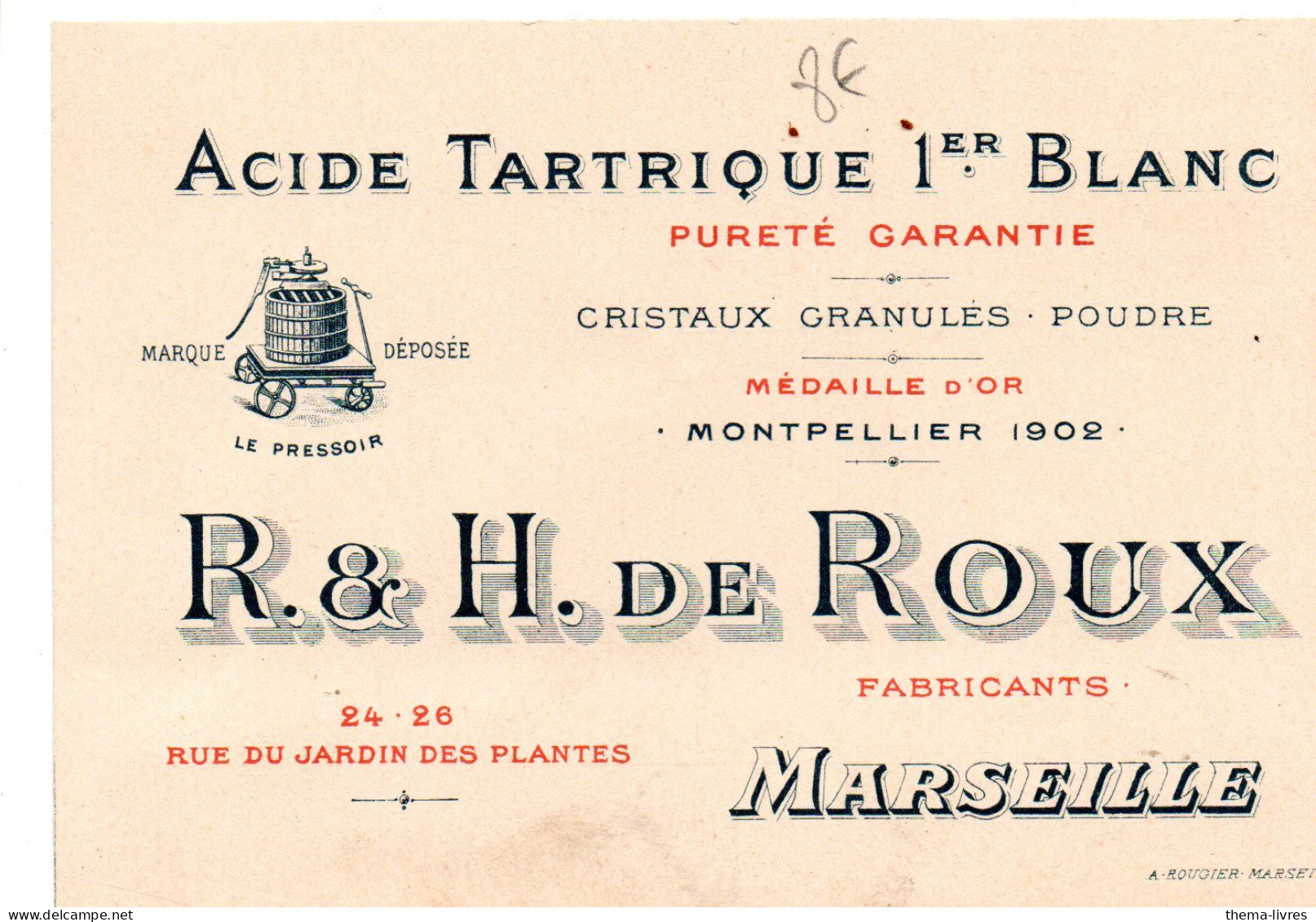 Marseille (13)   Carte Commerciale R Et H DE  ROUX  ACIDE  TARTRIQUE 1ER BLANC   (PPP46635) - Pubblicitari